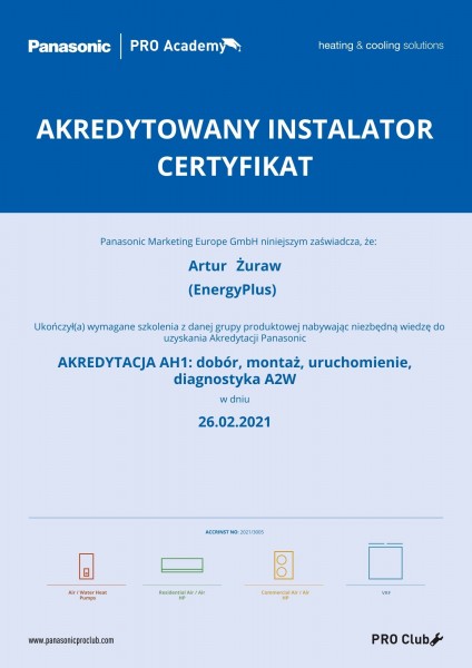 Akredytacja Panasonic - Pompy Ciepła