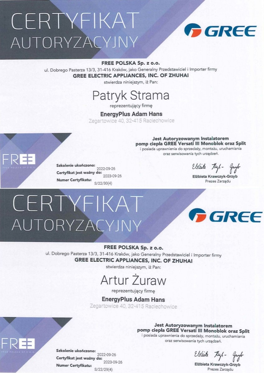 Gree - Certyfikat Pompy Ciepła